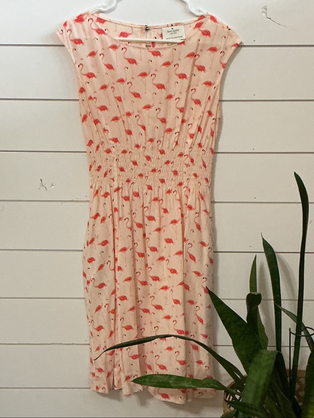 kate spade Pink Flamingo-Print Smocked Midi Dress with POCKETS